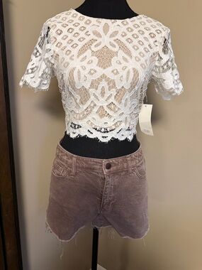 Tobi White Lace Crochet Short-Sleeve Corset Crop Top